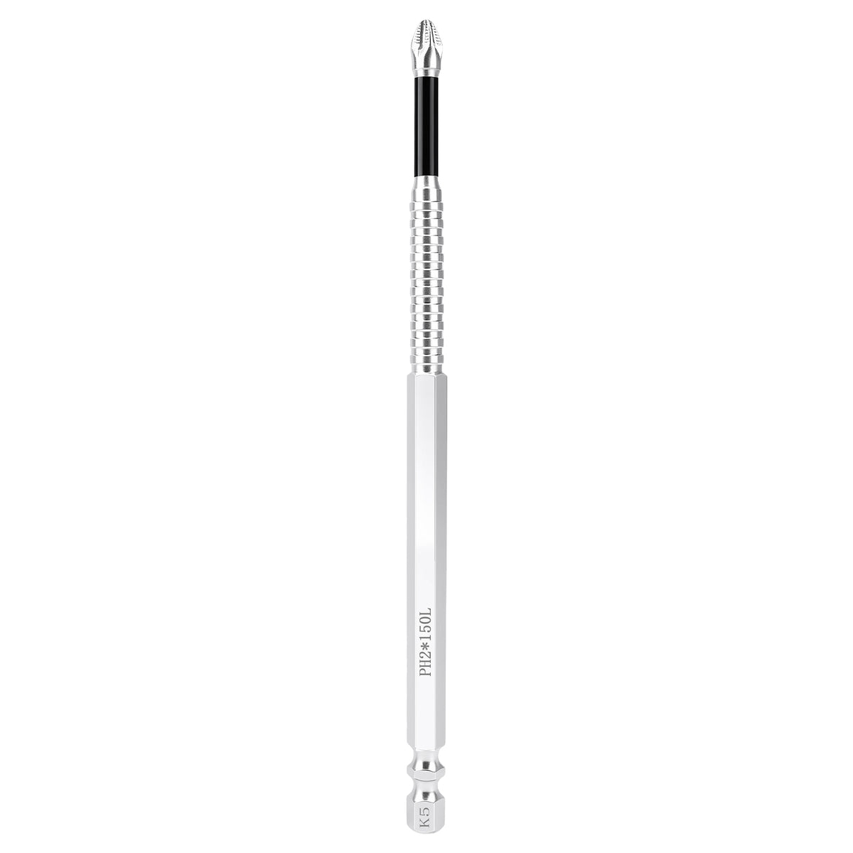 A silver hexagonal socket extension bar with a black rubber sleeve and a silver socket tip, shown vertically on a plain white background.