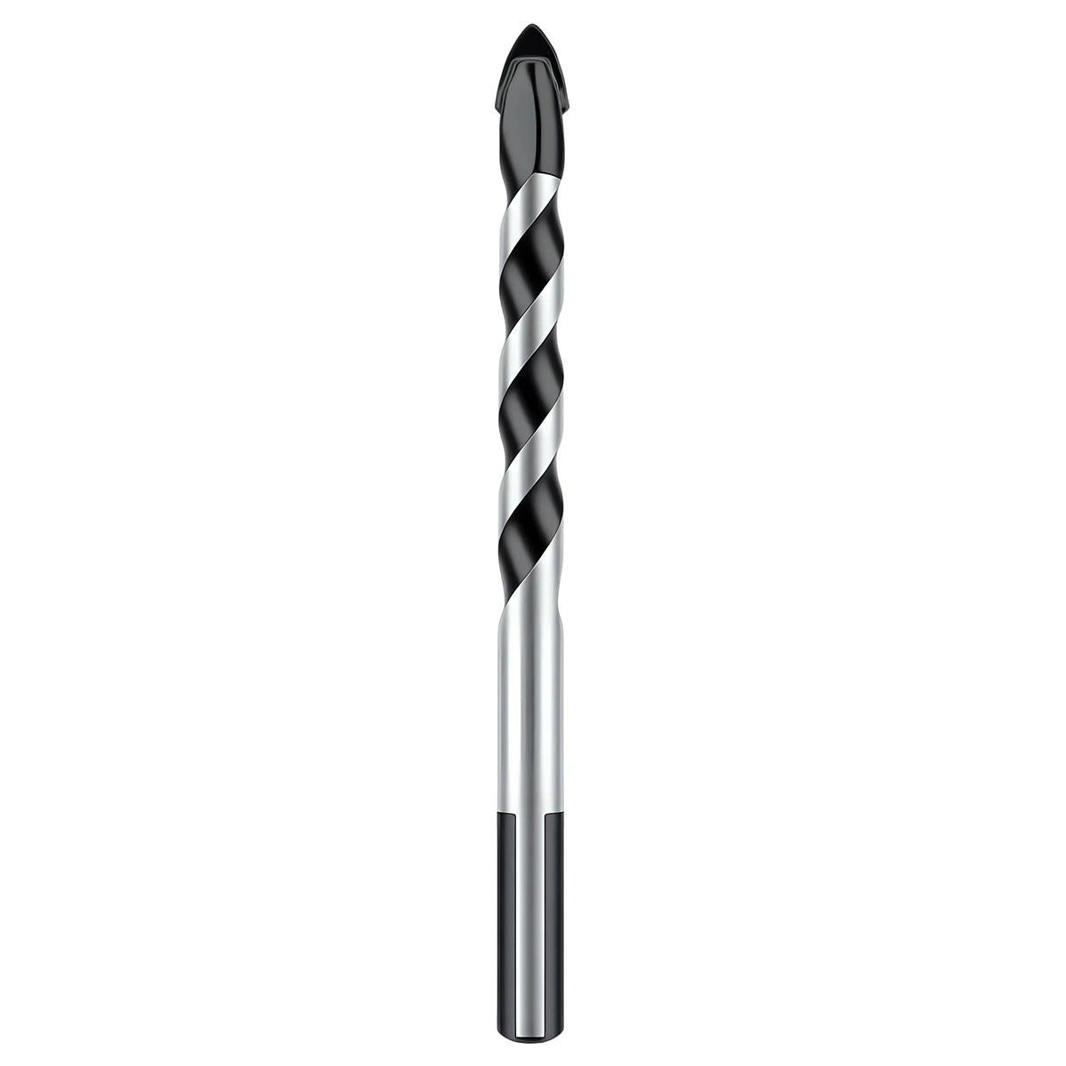 Drill bit with black and silver spiral design on a white background