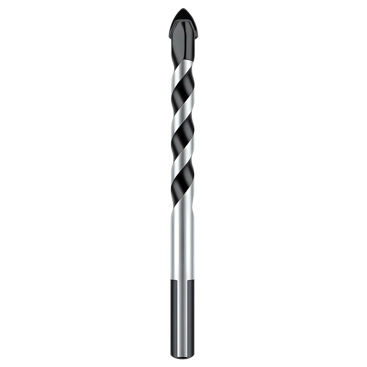 Drill bit with black and silver spiral design on a white background