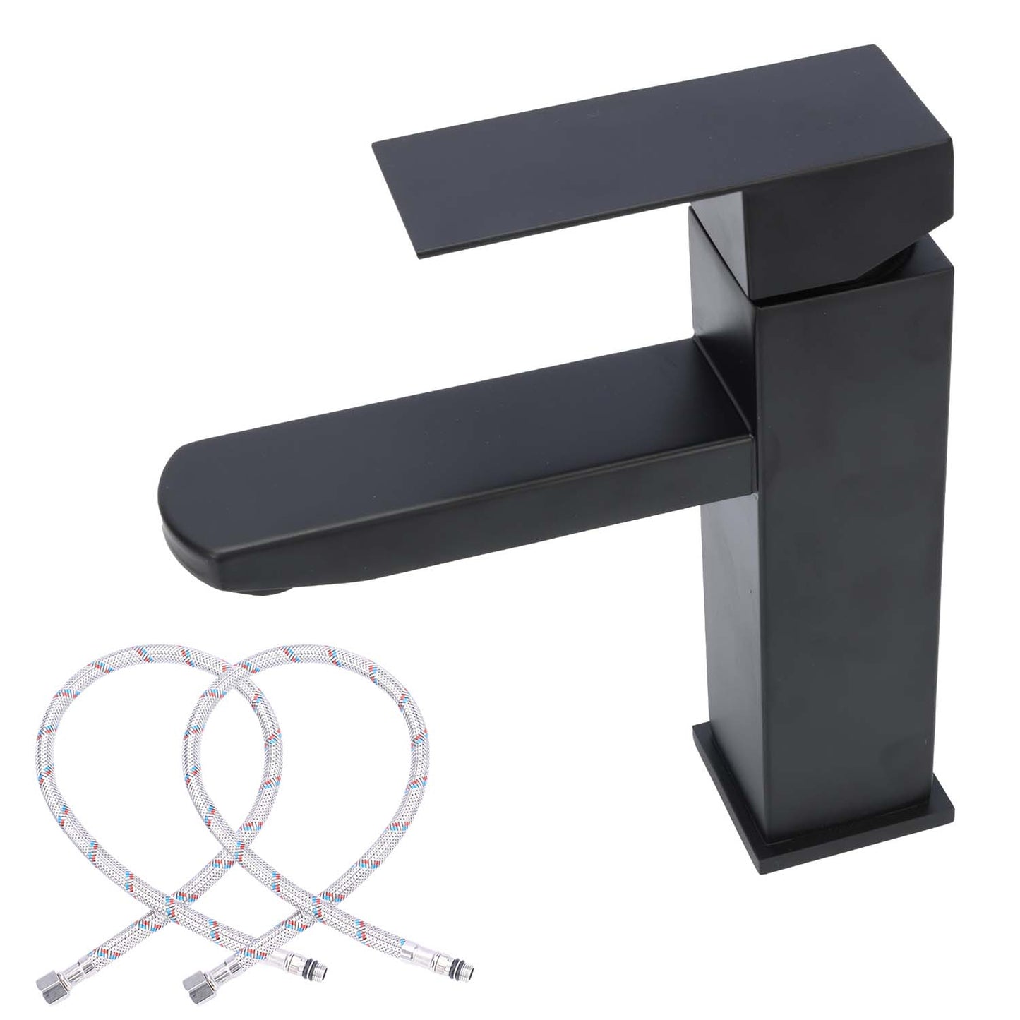 Black stainless steel bathroom faucet with square design, single handle hot and cold tap for sink vanity, durable and corrosion-resistant