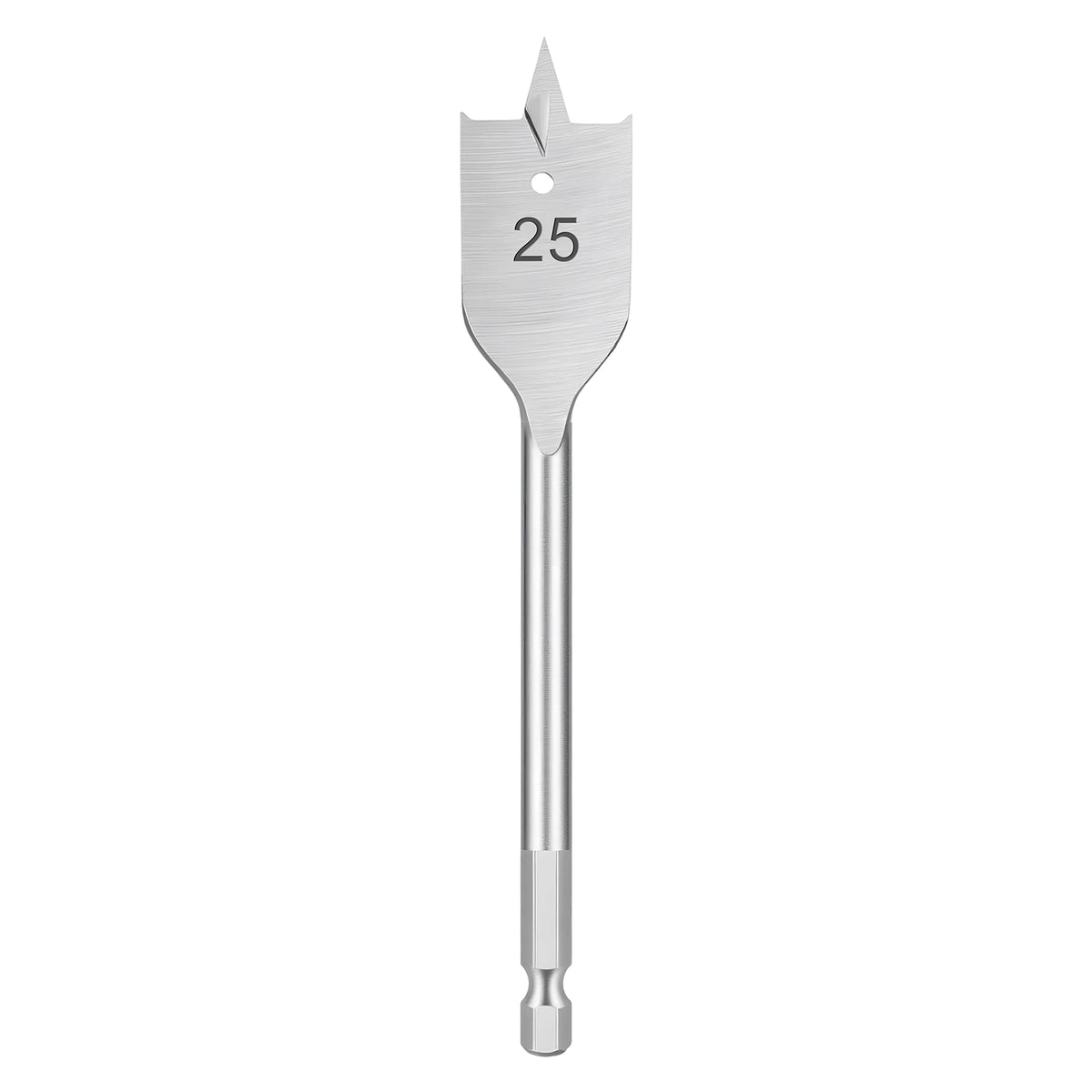 A 25mm metal spade drill bit with a brushed silver finish and the size '25' printed on the blade, shown vertically against a plain white background.