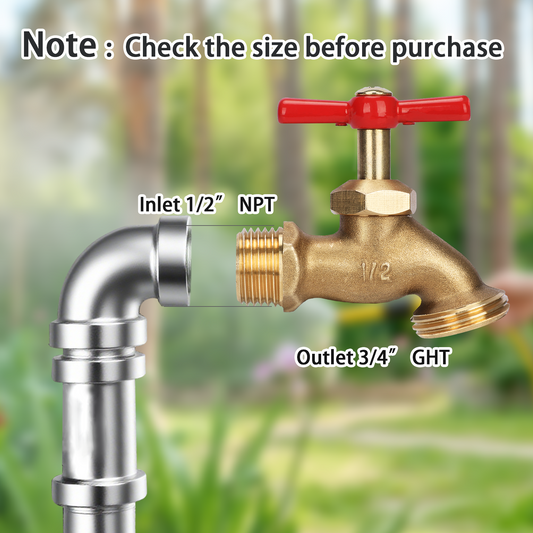 Brass faucet with red handle and labeled dimensions against a blurred green background