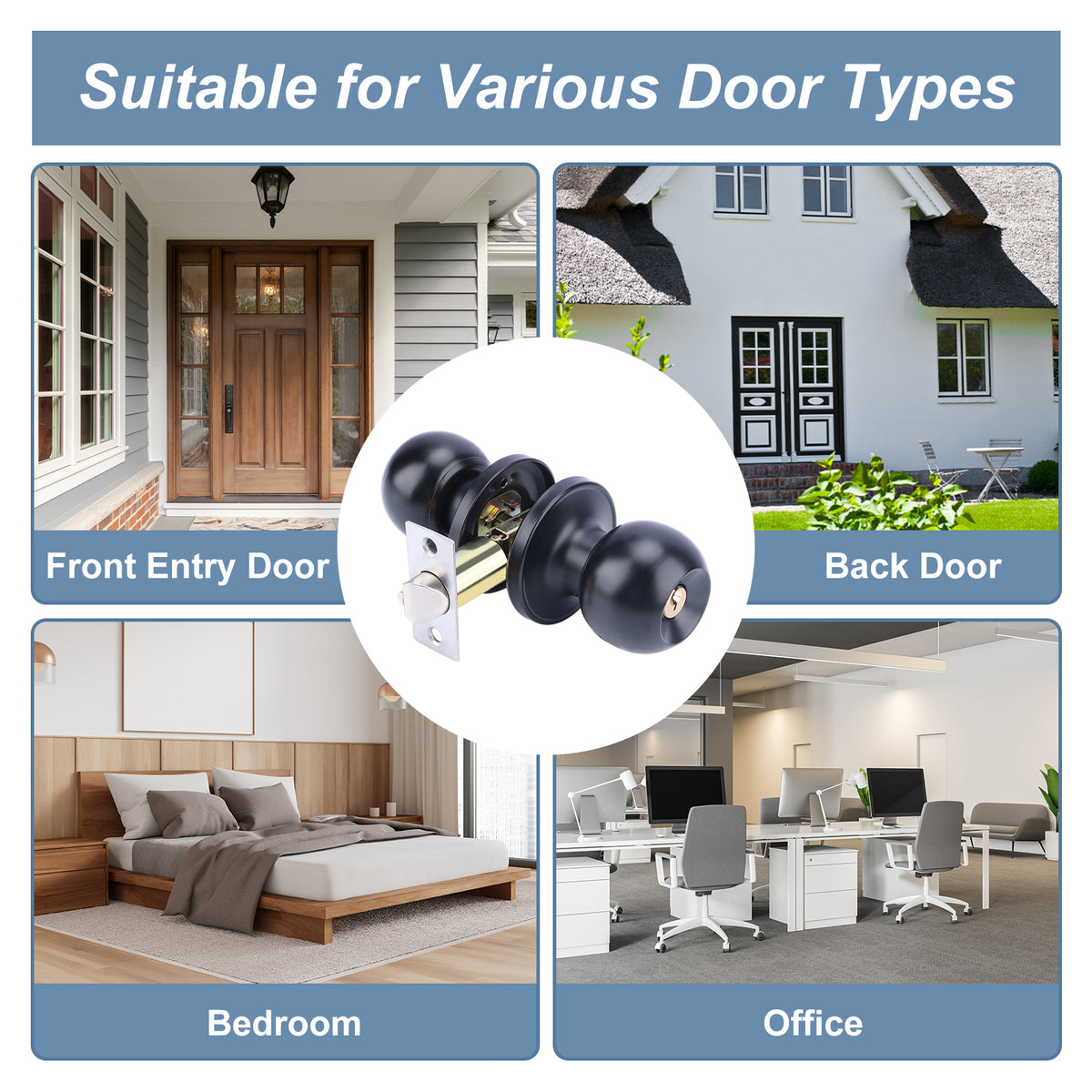Black door handles suitable for various door types including front entry, back, bedroom, and office.