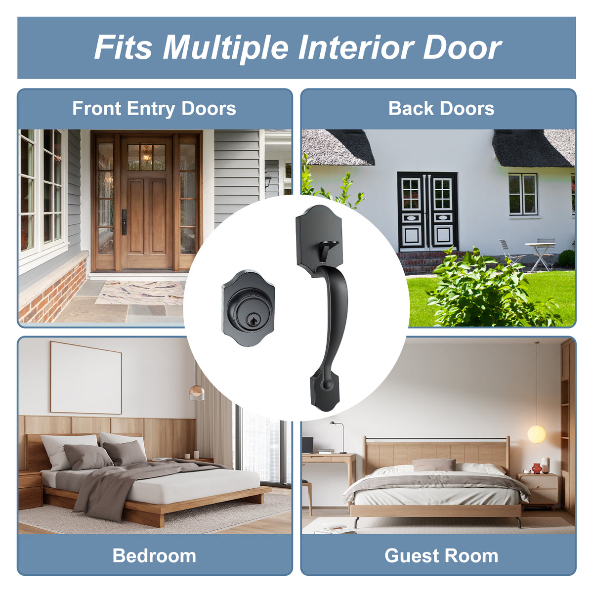 Black door handle with lock shown in various settings including front entry doors, back doors, bedroom, and guest room.