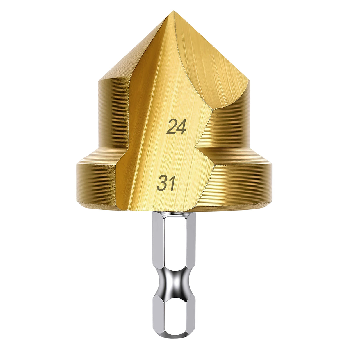 Gold drill bit with size markings on a white background