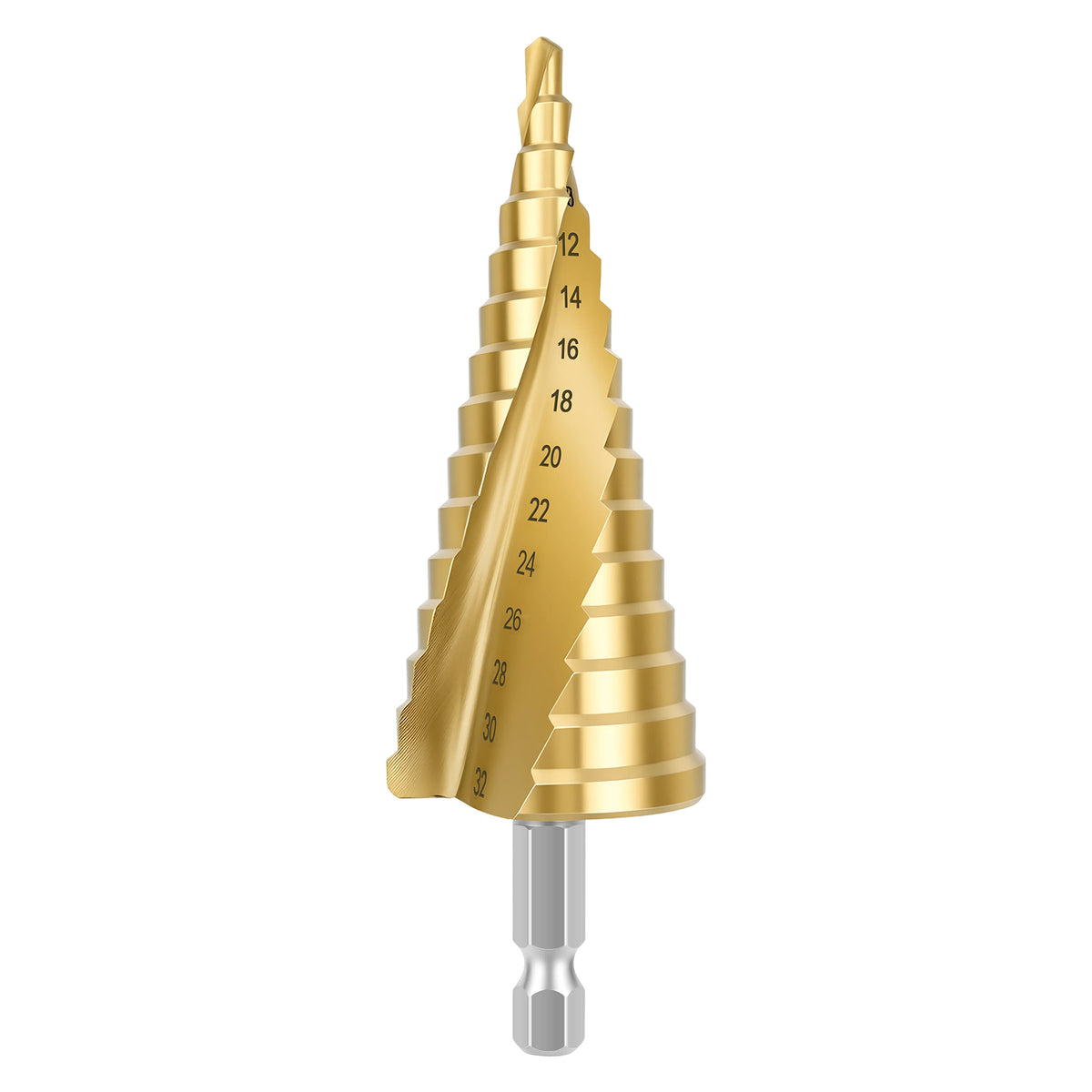 Gold step drill bit on a white background