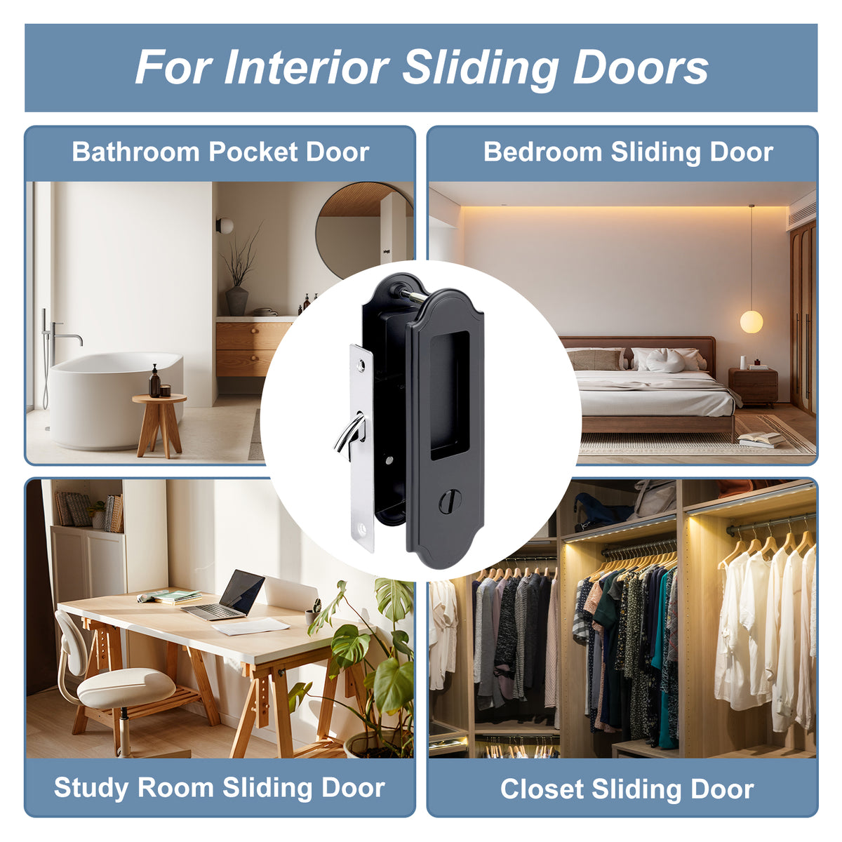 Collage of sliding door applications with a focus on a black sliding door handle.