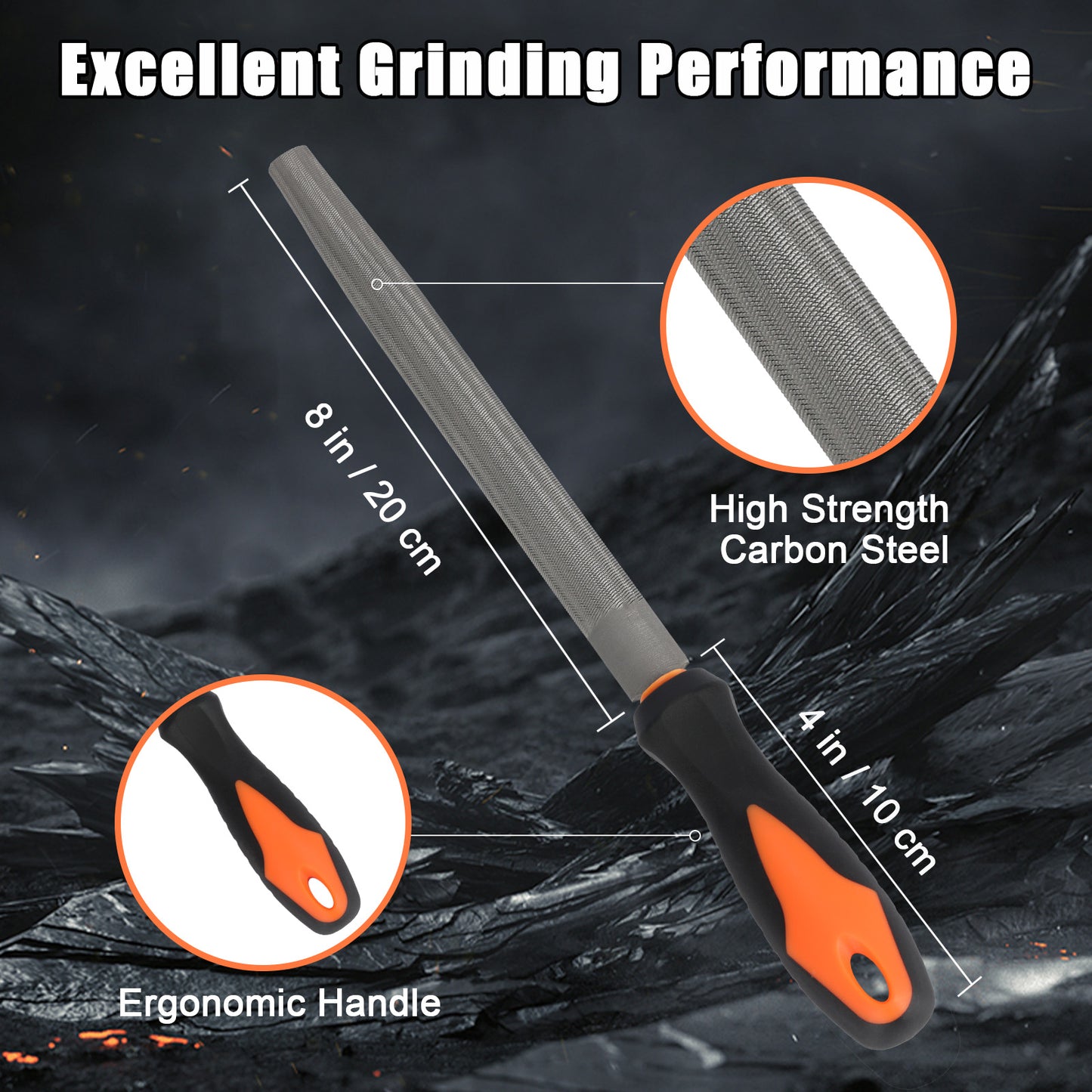 Half-Round File, High Carbon Steel with Ergonomic Rubber Handle for Wood, Metal & Plastic