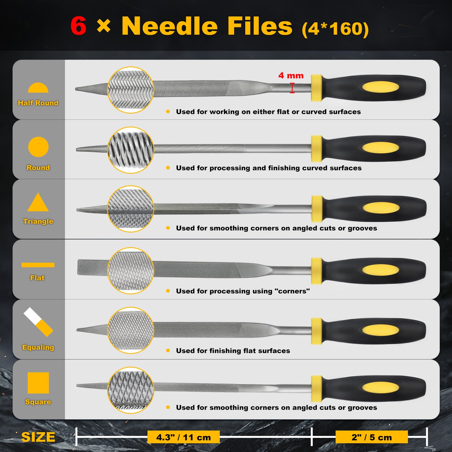 6-Piece Needle File Set, Alloy Steel Mini Files for Metal, Wood, Plastic, 6 Shapes