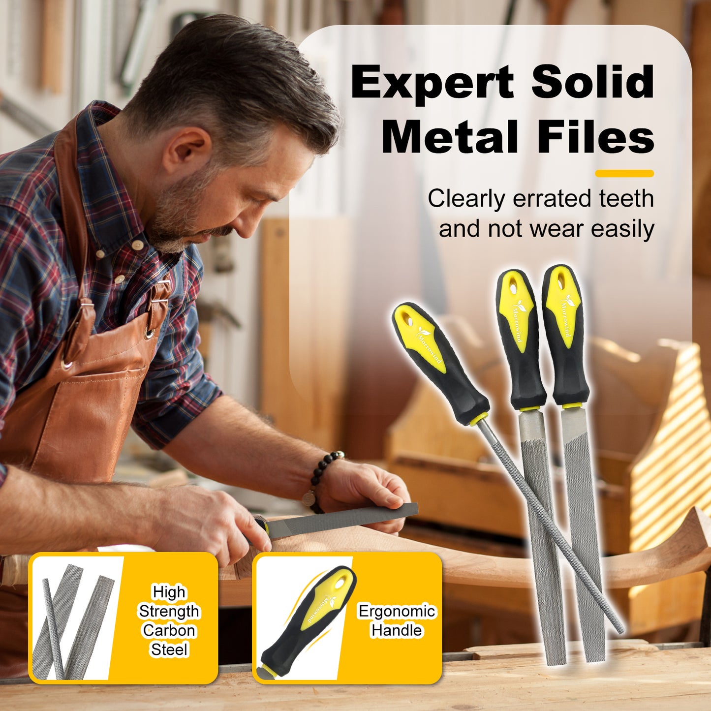 3PCS 8 inch Metal File Set, Carbon Steel Flat, Half-Round, Round Files for Metal Wood Plastic