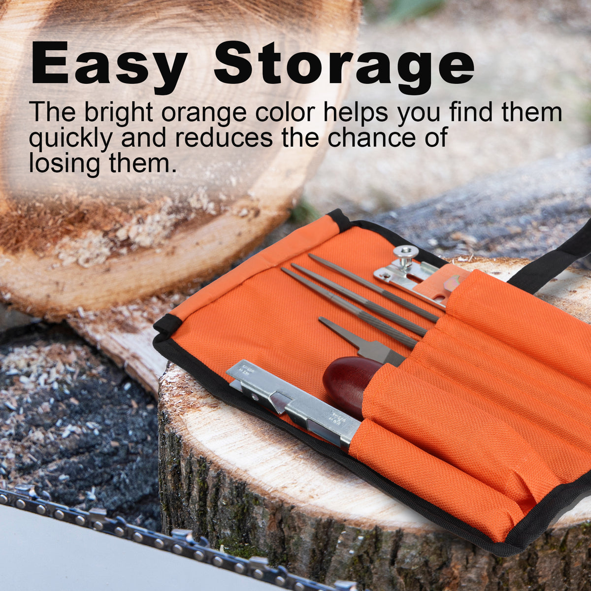 Orange tool roll with camping utensils on a wooden stump, text about easy storage.