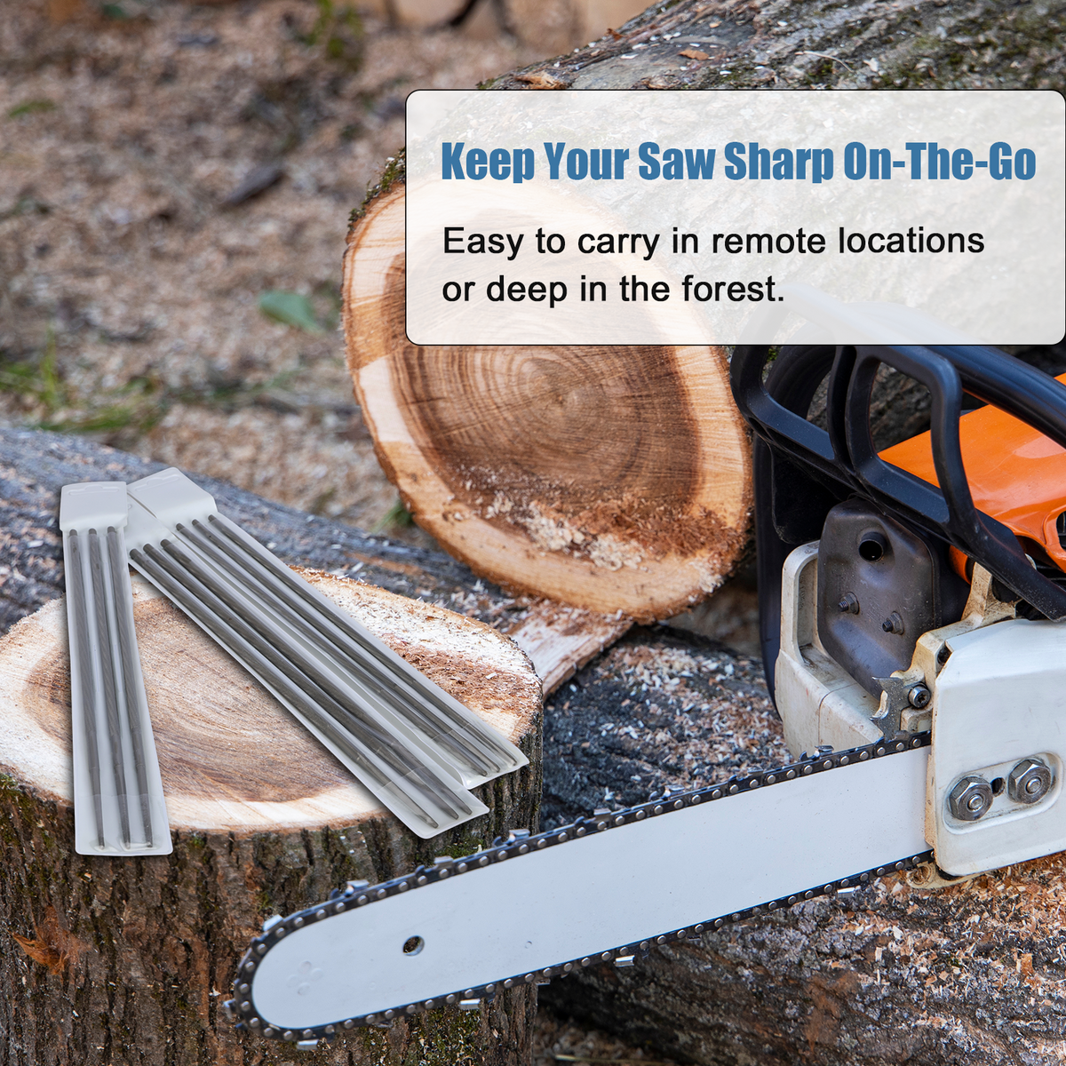 Chainsaw with additional chains on a log, with text about sharpness and portability.