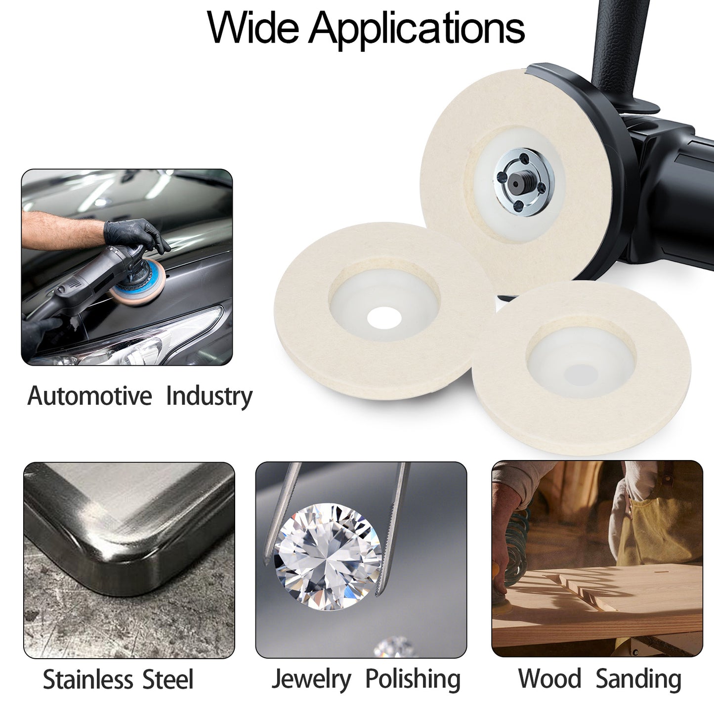 Polishing tool with applicator pads used in automotive, jewelry, and wood industries.
