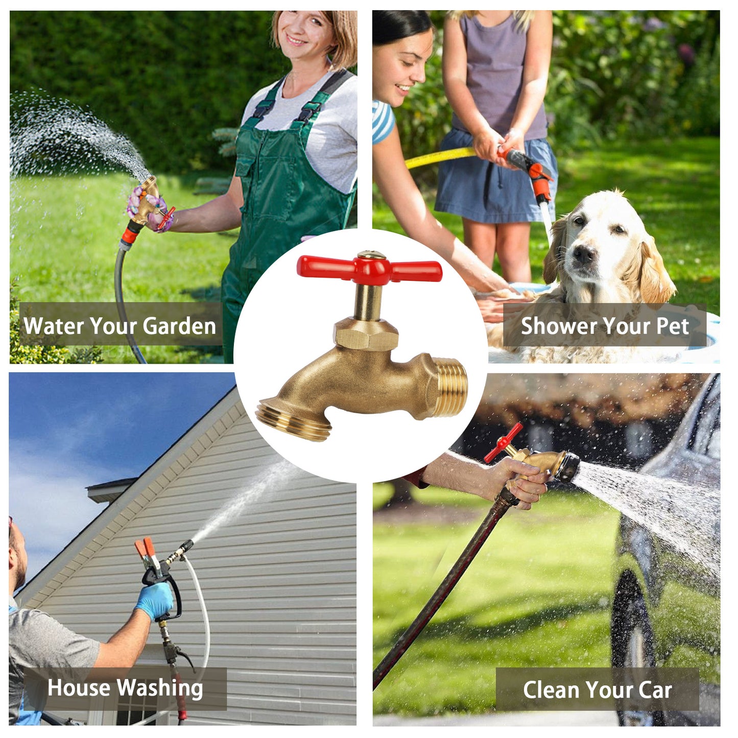 Collage of people using a garden hose for various tasks including watering a garden, showering a dog, cleaning a car, and washing a roof.
