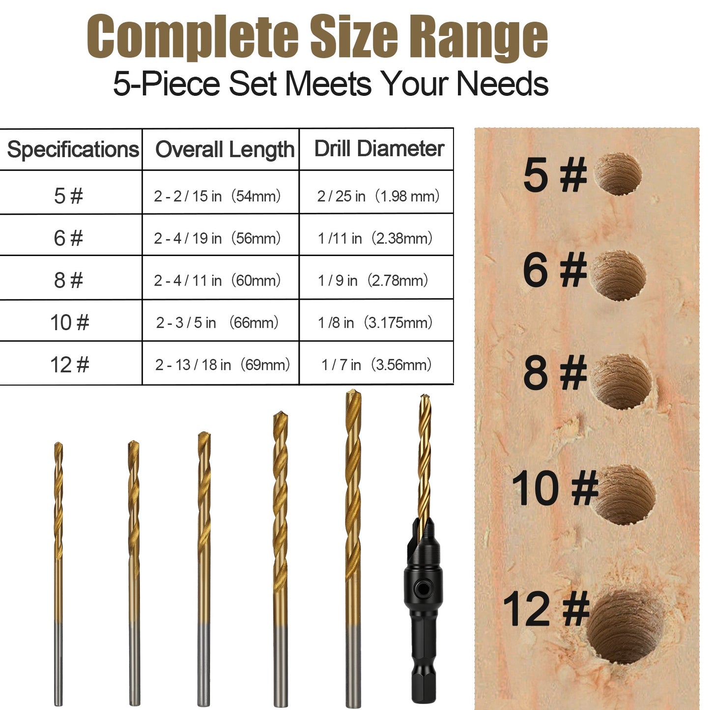 Countersink Drill Bit Set – 5PCS Adjustable HSS Titanium Coated Bits for Woodworking & DIY