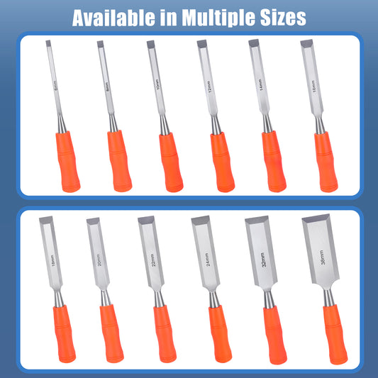 Set of chisels with orange handles on a blue background
