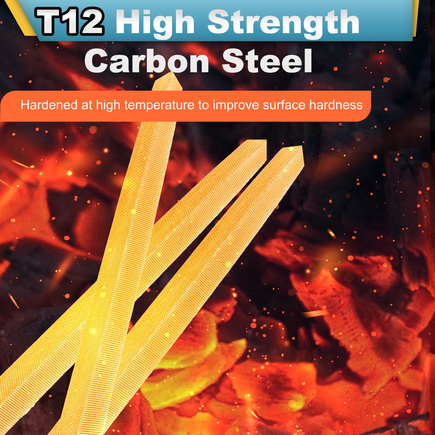 T12 High Strength Carbon Steel bars with fiery background