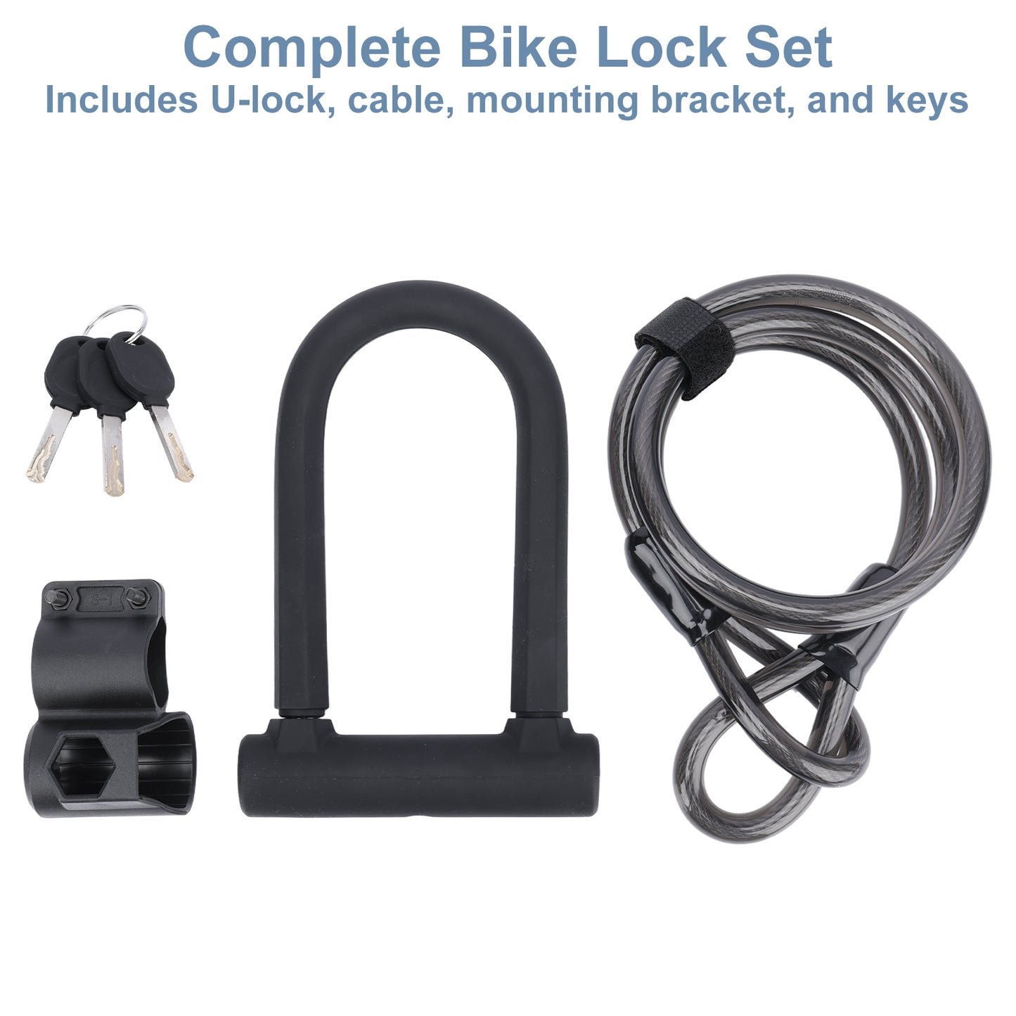 Complete bike lock set with U-lock, cable, mounting bracket, and keys on a white background.