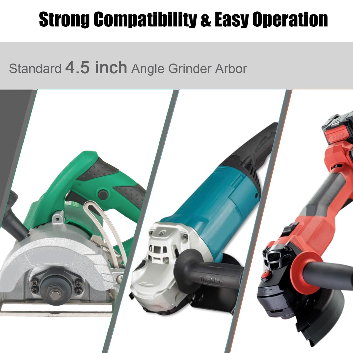 Three power tools with a focus on compatibility and ease of use, featuring text about a standard 4.5 inch angle grinder arbor.