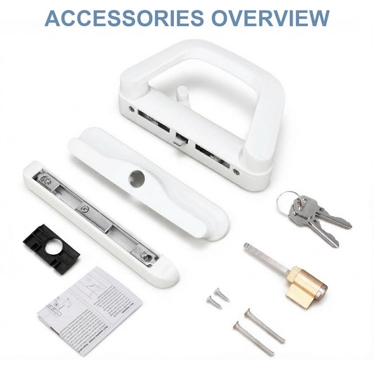 Door handle assembly with lock mechanism and keys on a white background