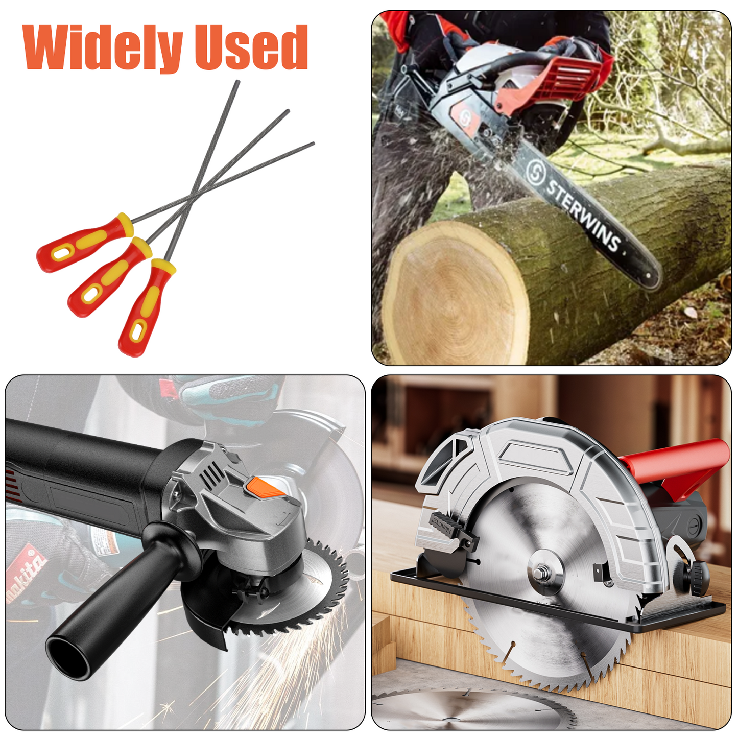 Chainsaw File Set, 3pcs Round Sharpening Files 3/16", 7/32", 5/32" with Handle