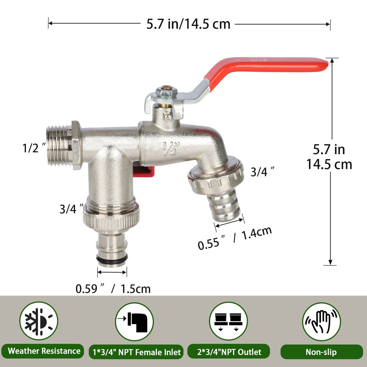 Garden Dual Outlet Zinc Alloy Hose Bib, 1 Inlet 2 Outlet Splitter Faucet with Dual Nozzles and Belt Hose Connection