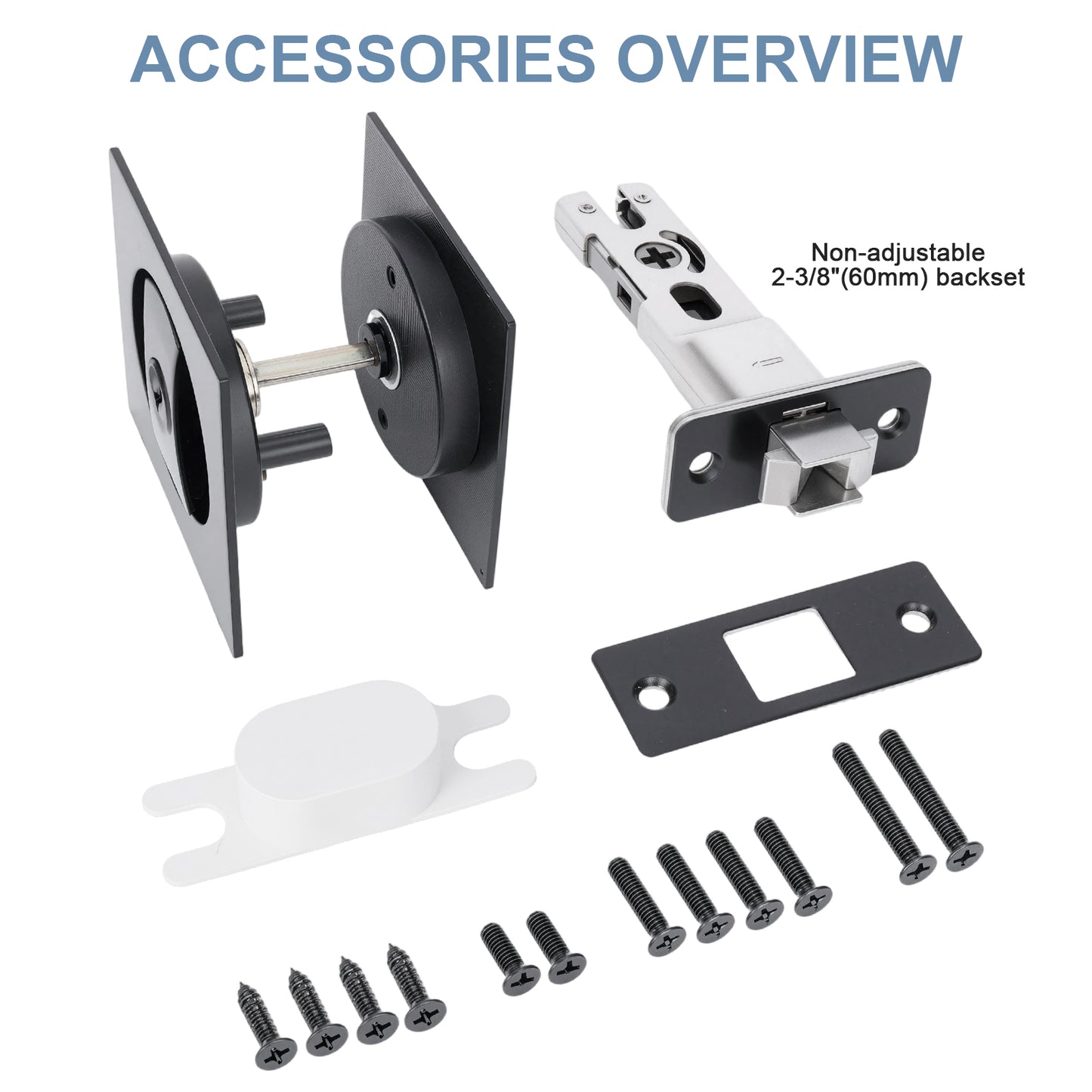 Set of door hardware accessories including a backplate, lever handle, and screws on a white background.