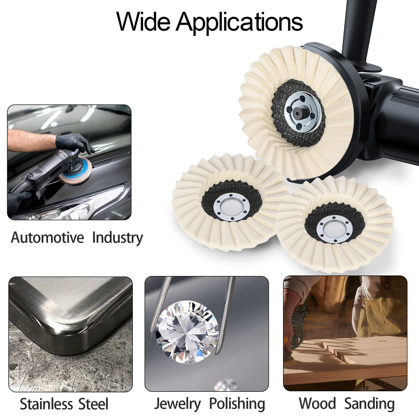 Polishing tool with three buffs and examples of its use in automotive, jewelry polishing, and wood sanding.