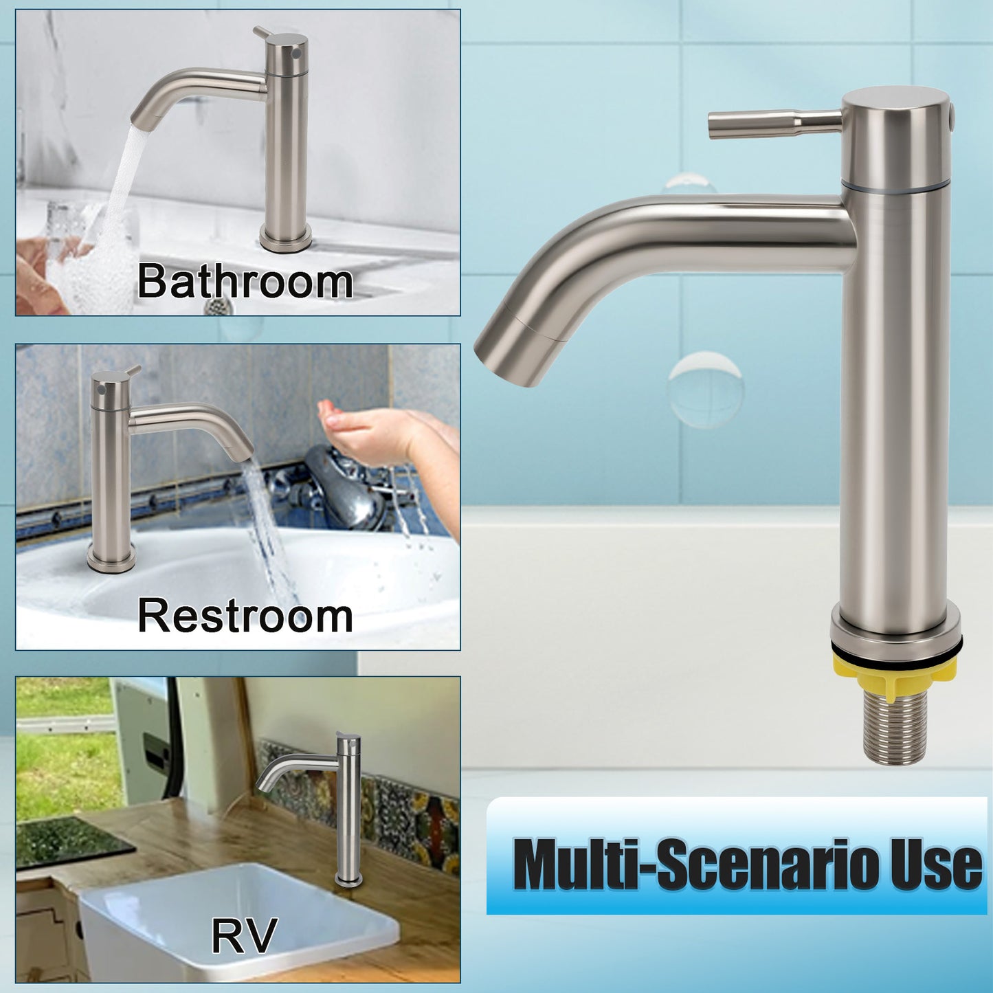 Stainless steel faucet with multi-scenario use labels on a blue background