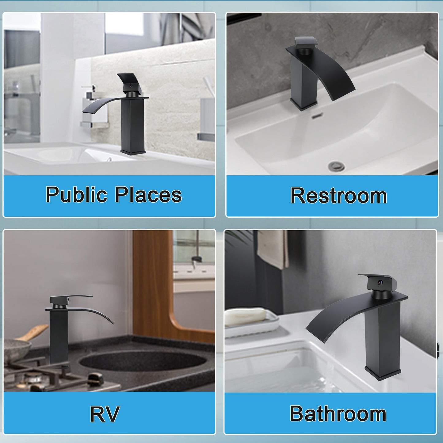 Black faucet displayed in various settings including public places, restroom, RV, and bathroom.