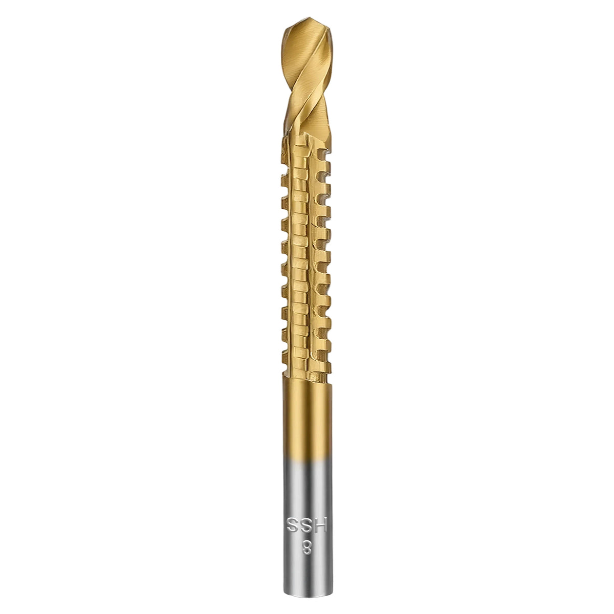 Gold and silver drill bit on a white background