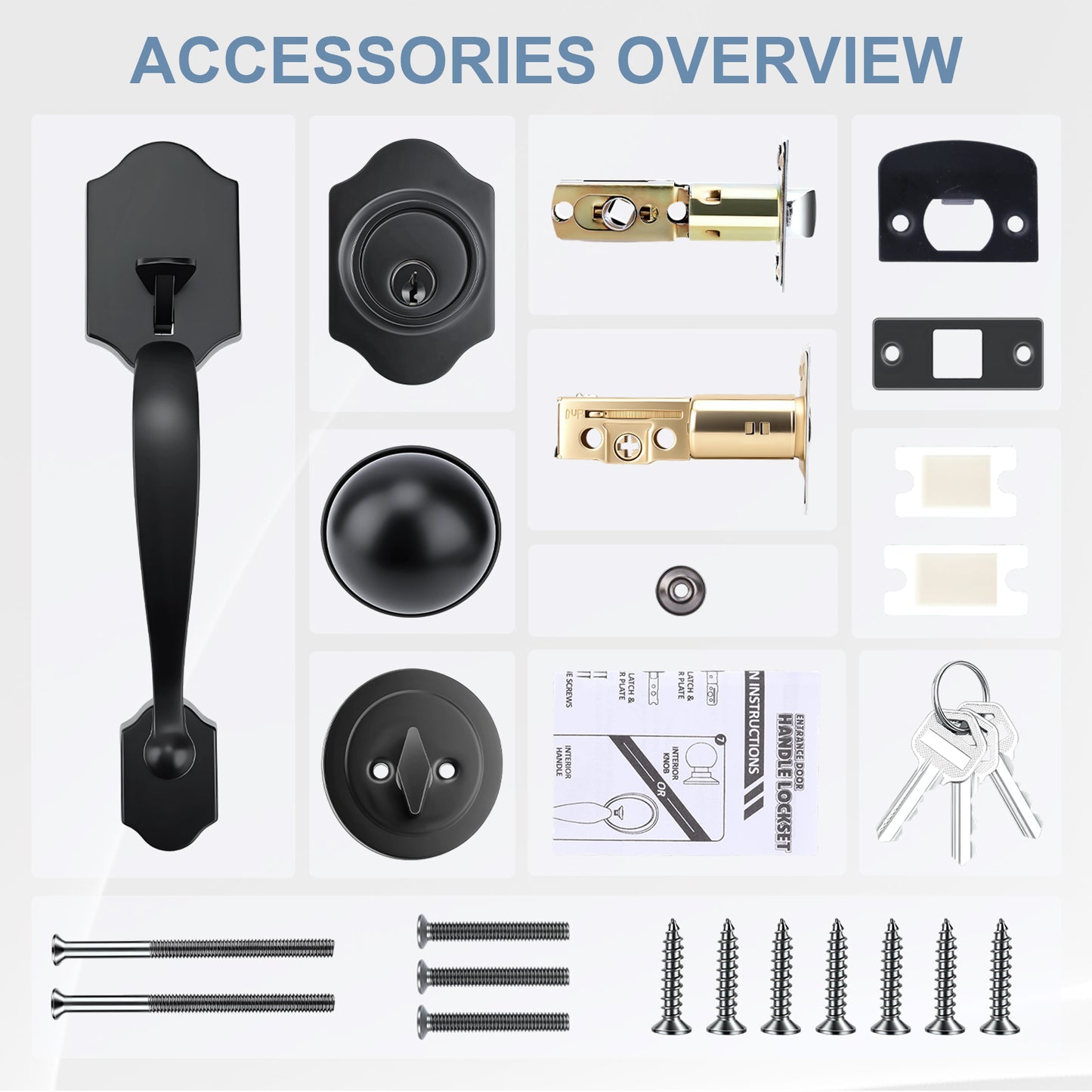 Collection of door hardware accessories including handles, locks, and keys on a white background.