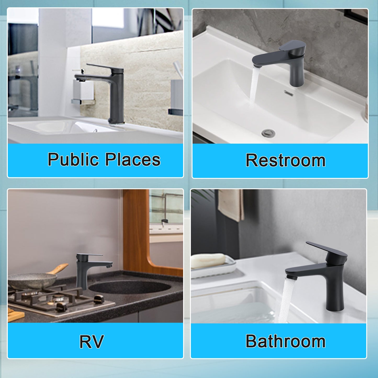 Black faucet displayed in various settings including a public place, restroom, RV, and bathroom.