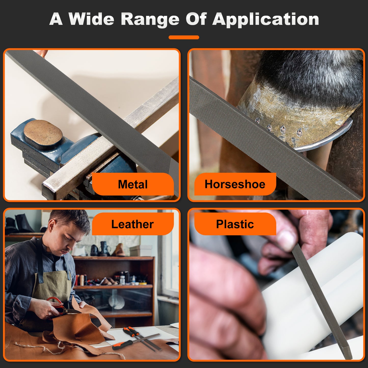 Illustration of a tool being used on metal, horseshoe, leather, and plastic with text indicating its wide range of application.