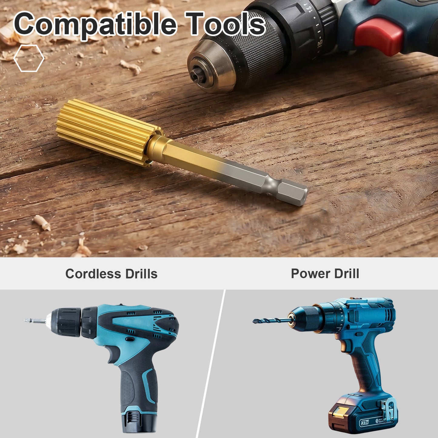 Gold drill bit on a wooden surface with cordless drills and power drills displayed below.