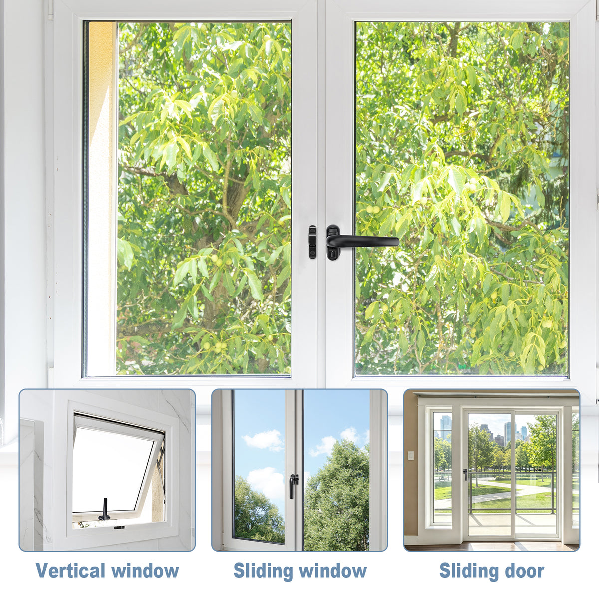 White uPVC double door and window system shown with three inset detail images at the bottom labeled Vertical window, Sliding window, and Sliding door, all set against a background of green trees.