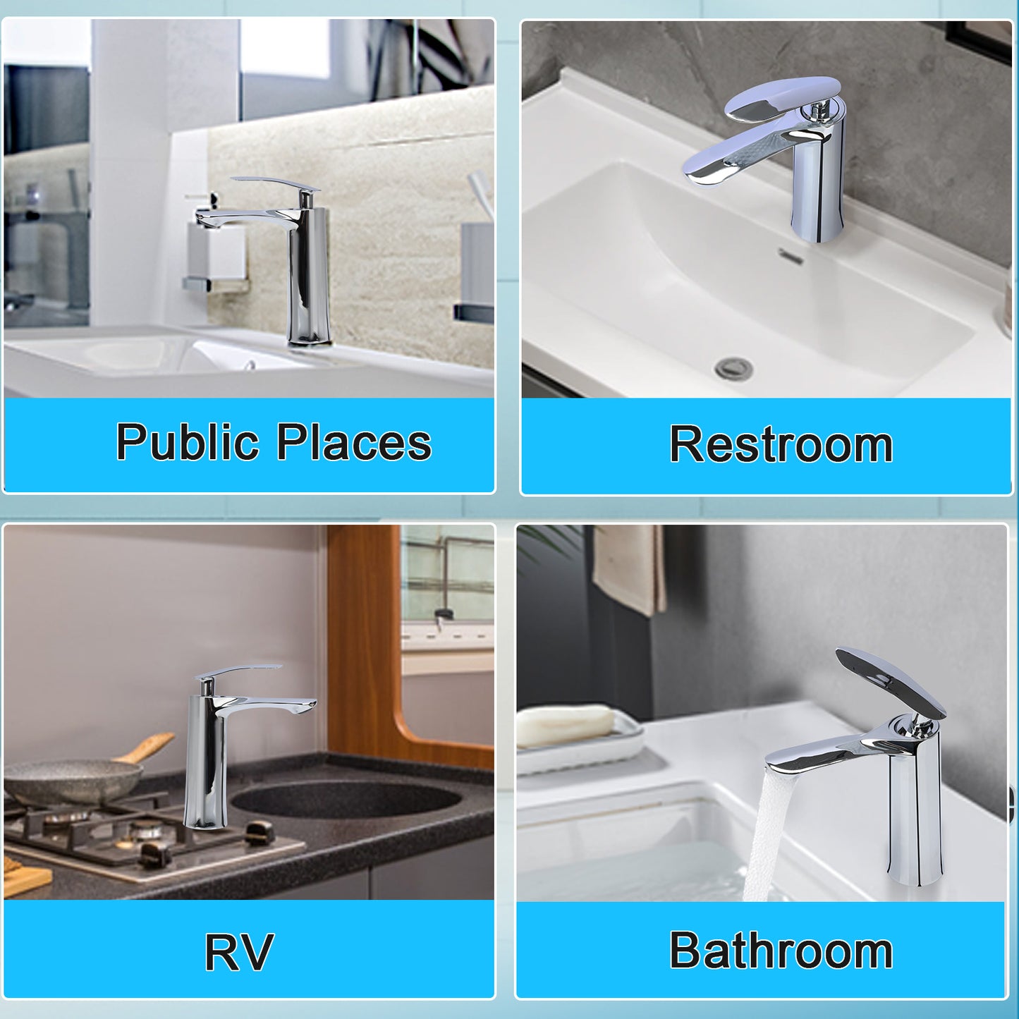 Collage of faucets in different settings labeled 'Public Places', 'Restroom', 'RV', and 'Bathroom'.