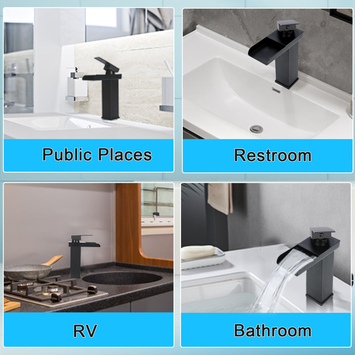 Stainless Steel Open Spout Black Waterfall Faucet, Hot & Cold Mixer Tap