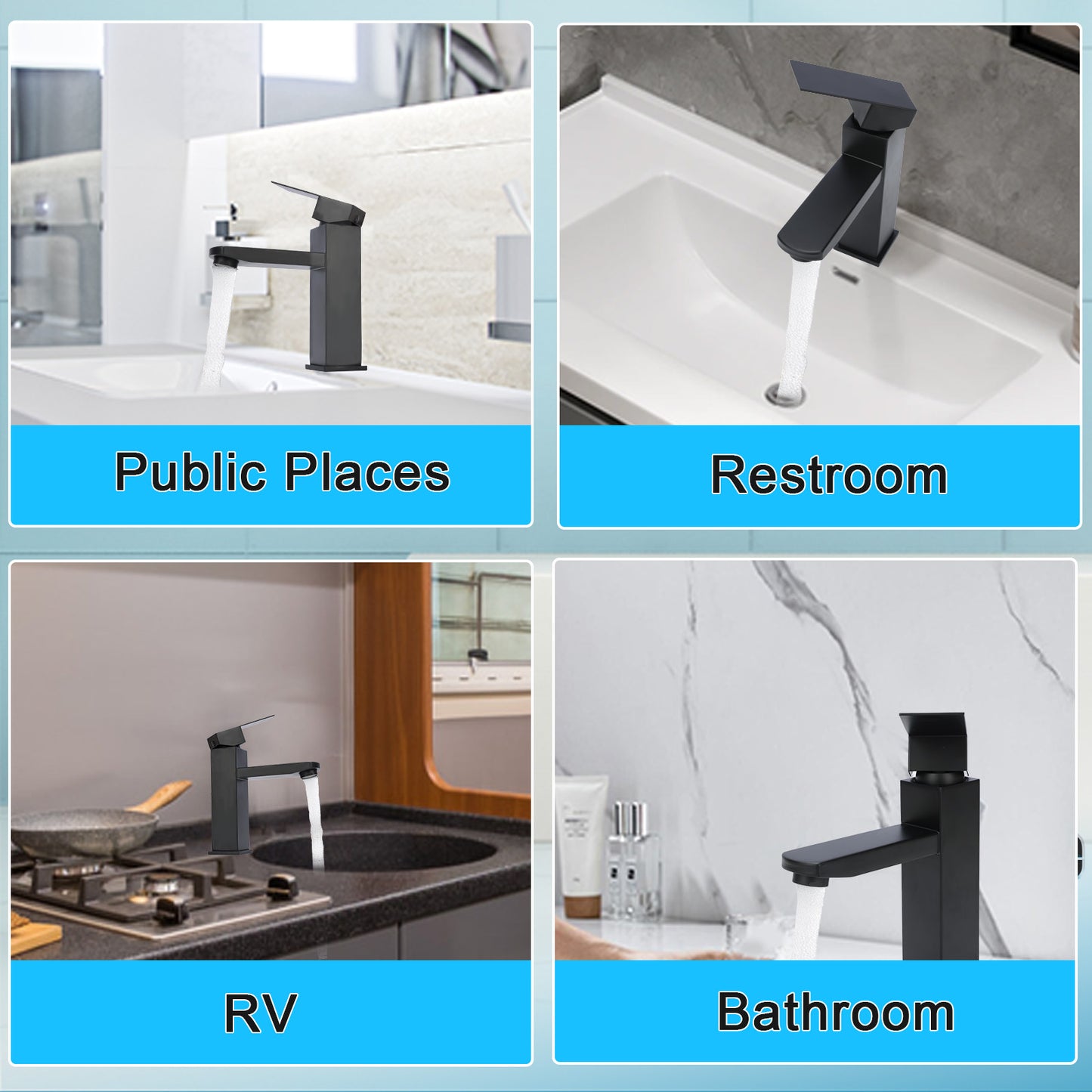 Black faucet shown in various bathroom settings including public places, restroom, RV, and bathroom.