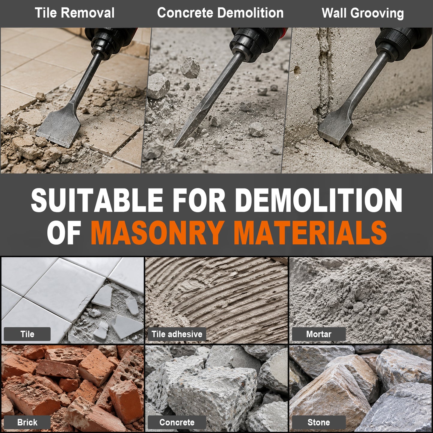Promotional graphic for a demolition hammer attachment, showing six panels of the tool in use for tile removal, concrete demolition, wall grooving, plus close-ups of tile, adhesive, mortar, brick, concrete, and stone. Text reads 'SUITABLE FOR DEMOLITION OF MASONRY MATERIALS'.