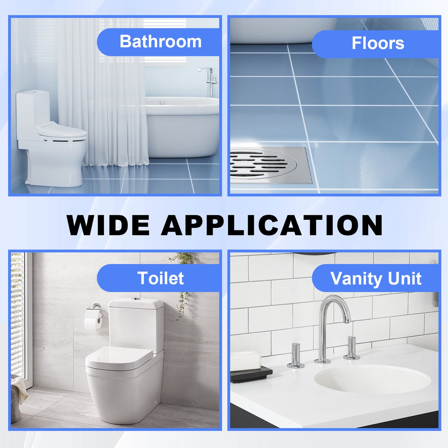 Collage of bathroom fixtures including toilet, sink, and tiled floor with text indicating wide application.