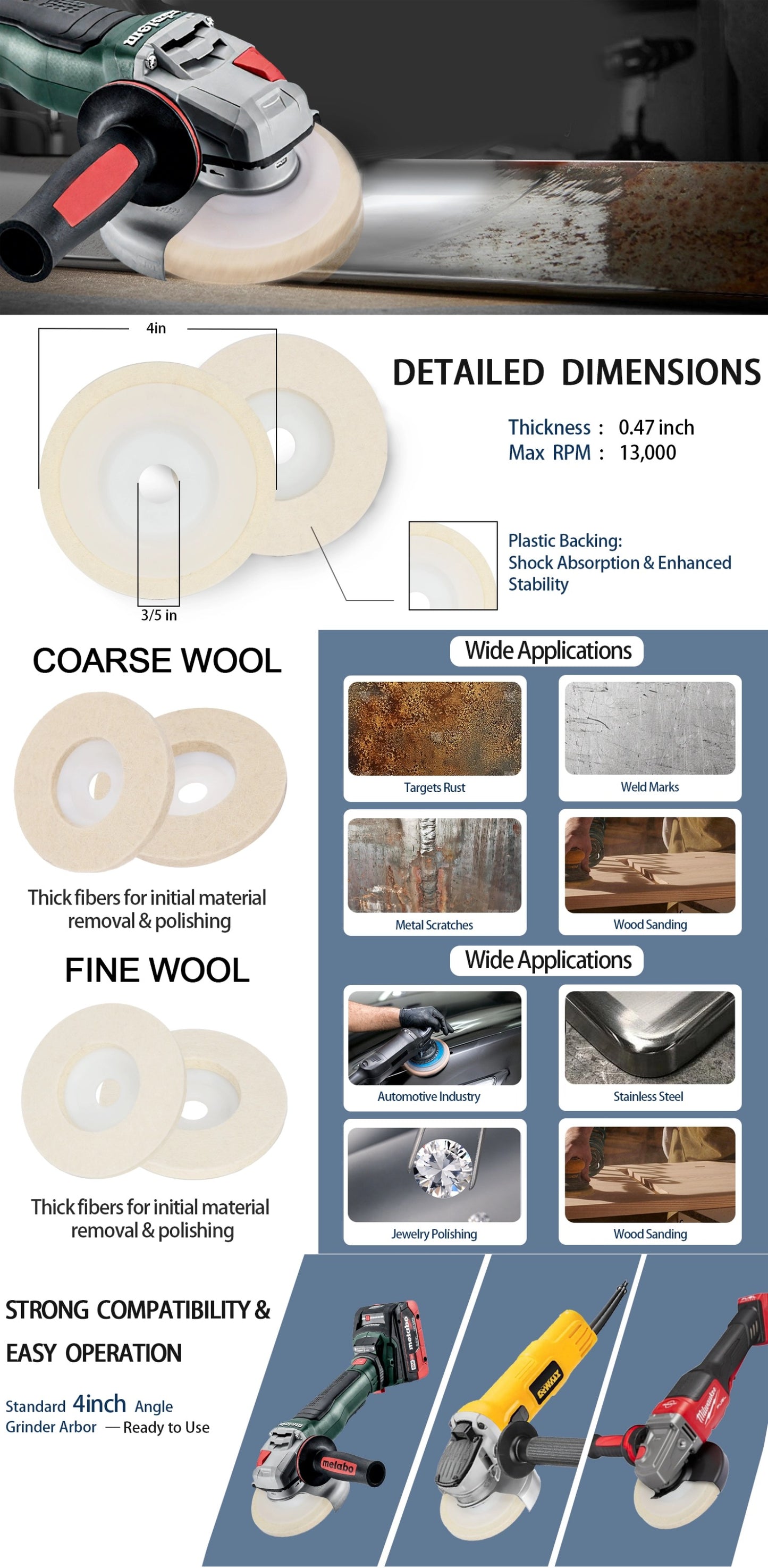 Product infographic with detailed dimensions, applications, and compatibility information.