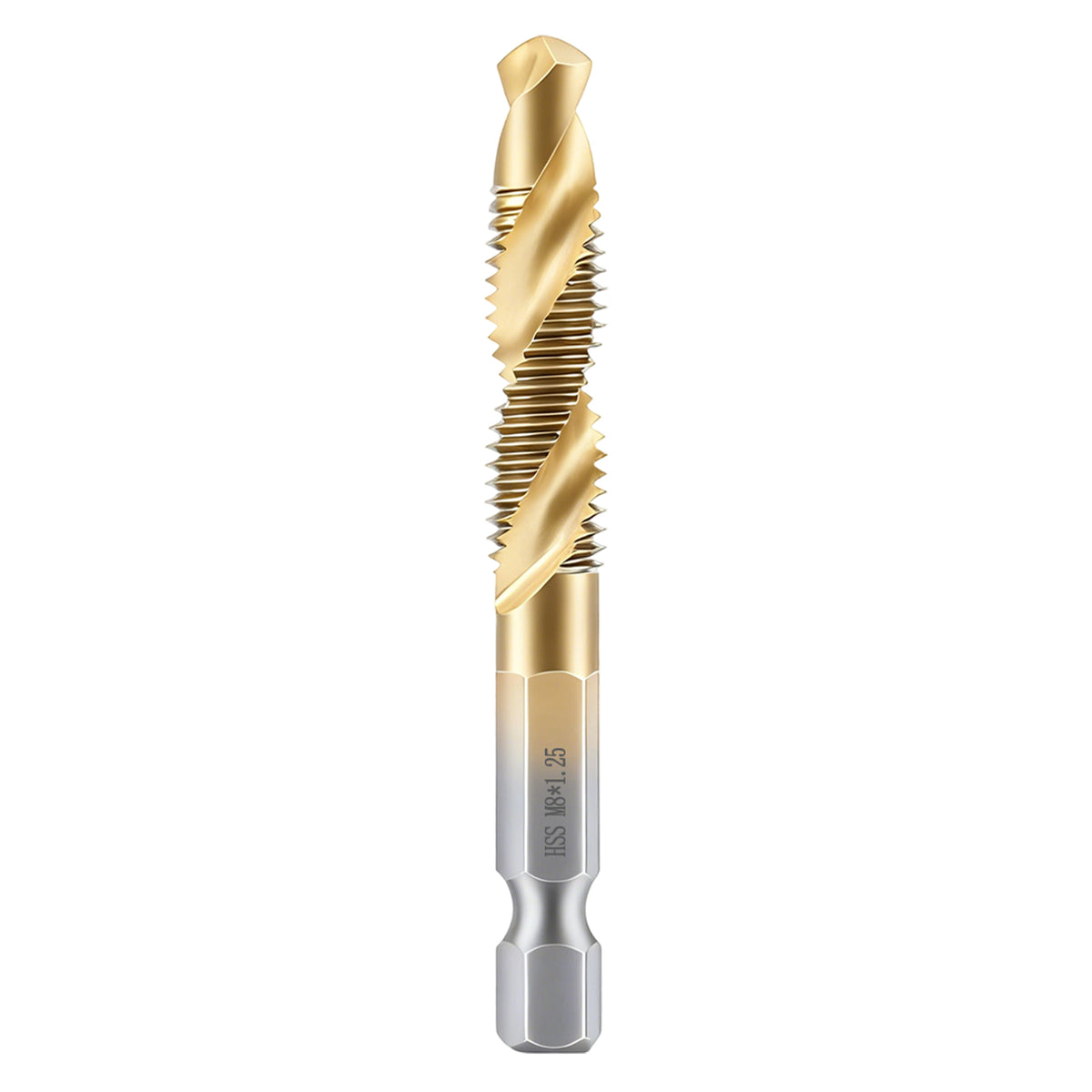 M10 1.5mm Pitch HSS Combination Drill Tap Bit, Hex Shank, TiN Coated, for Drilling, Tapping & Deburring Metal, Plastic