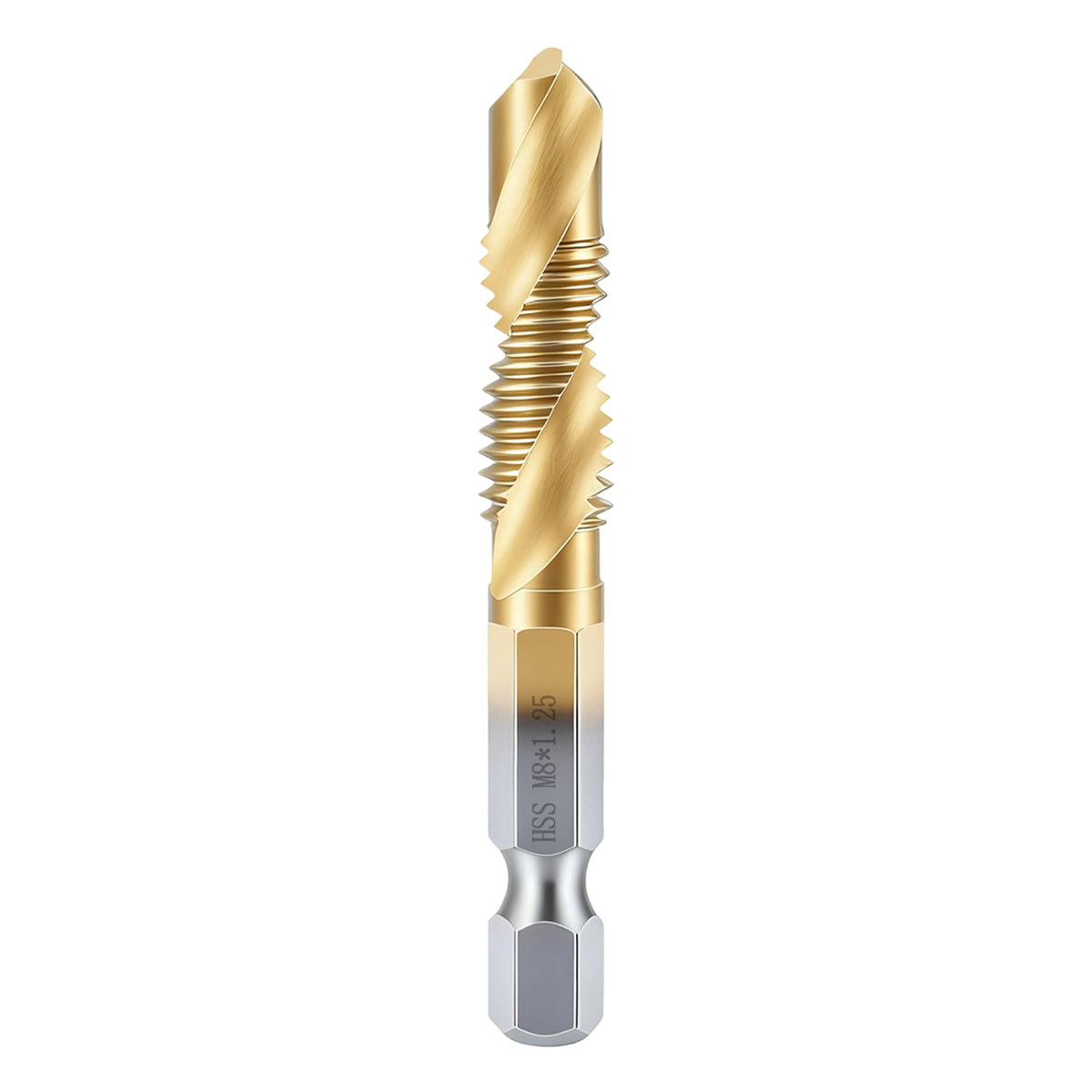 Gold and silver drill bit on a white background