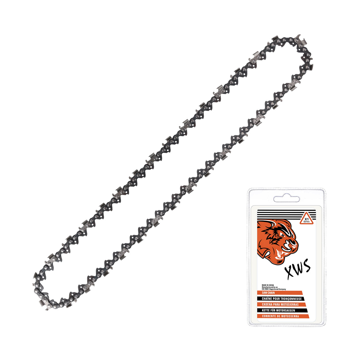 A dark gray metal chainsaw chain shown diagonally on a white background, next to its retail packaging card featuring an orange tiger logo and the text 'XWS'.