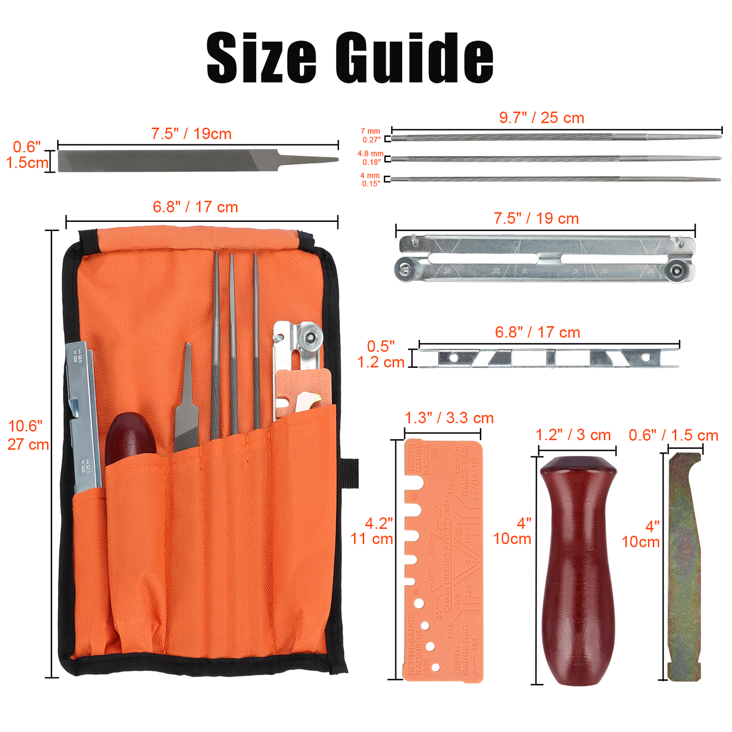 Chainsaw File Kit 9pcs, Round Files 5/32" 3/16" 7/32", Guide, Gauges & Wood Handle