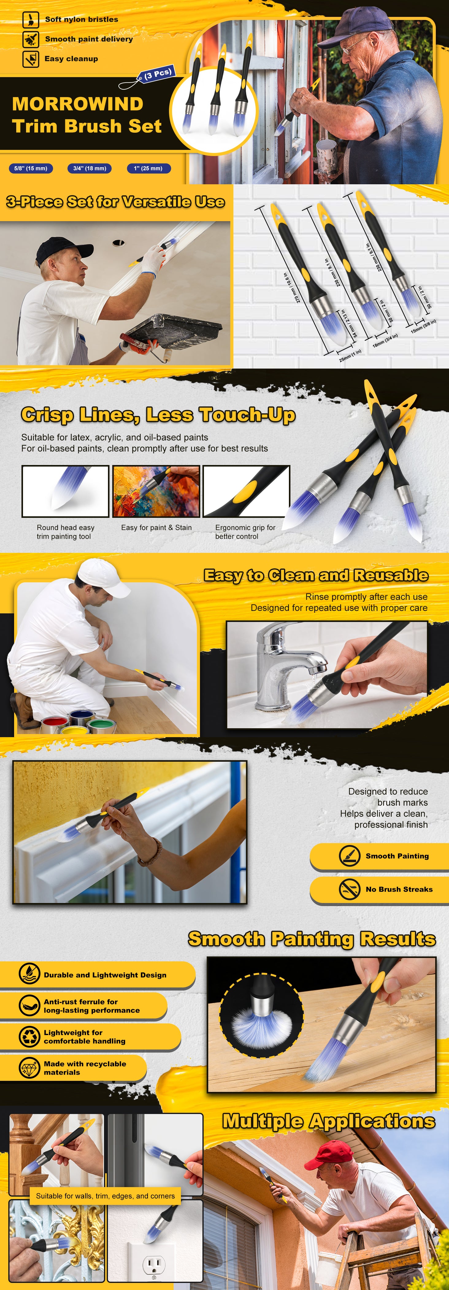 Promotional image of a trim brush set with various uses and features.