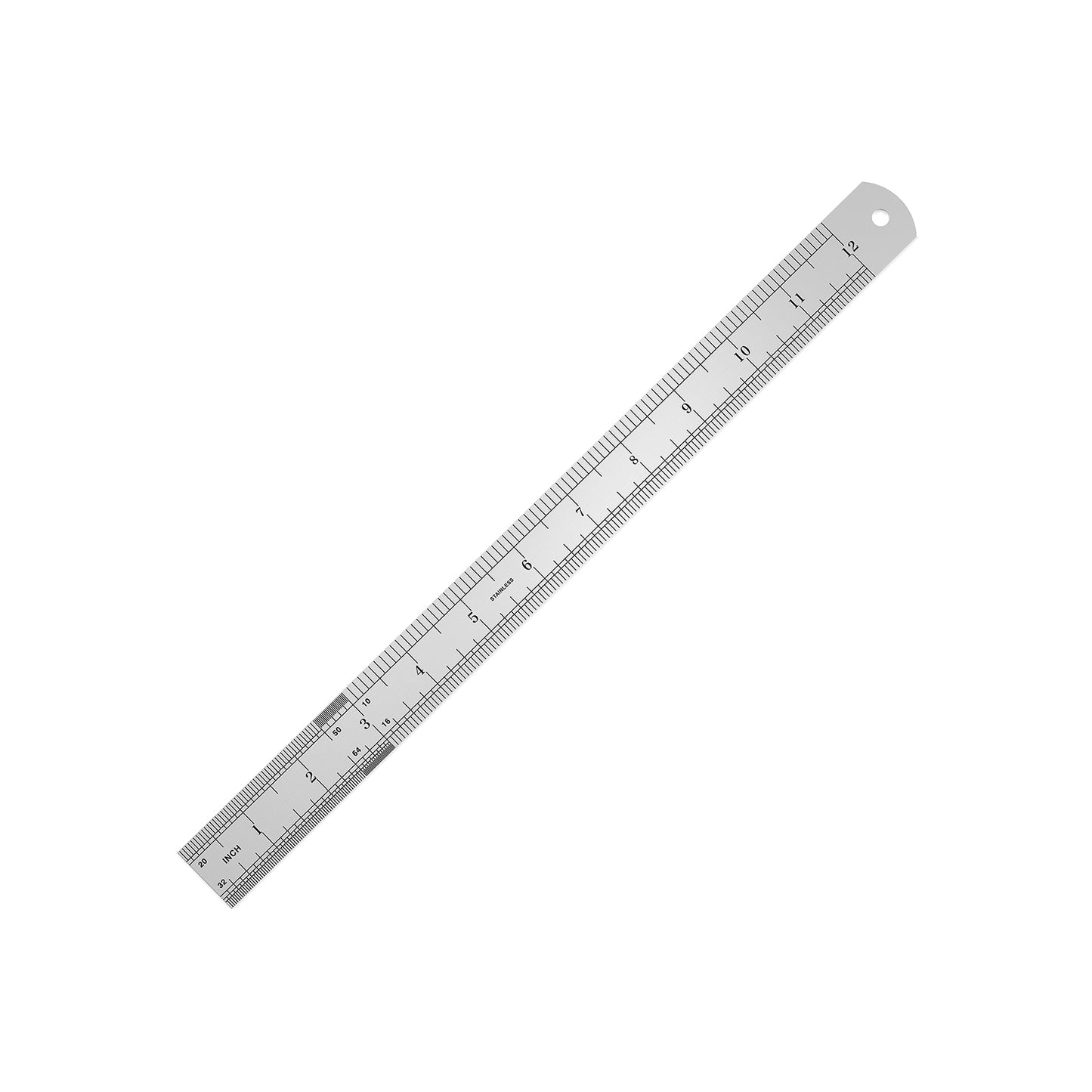 Metal ruler with measurements on a white background