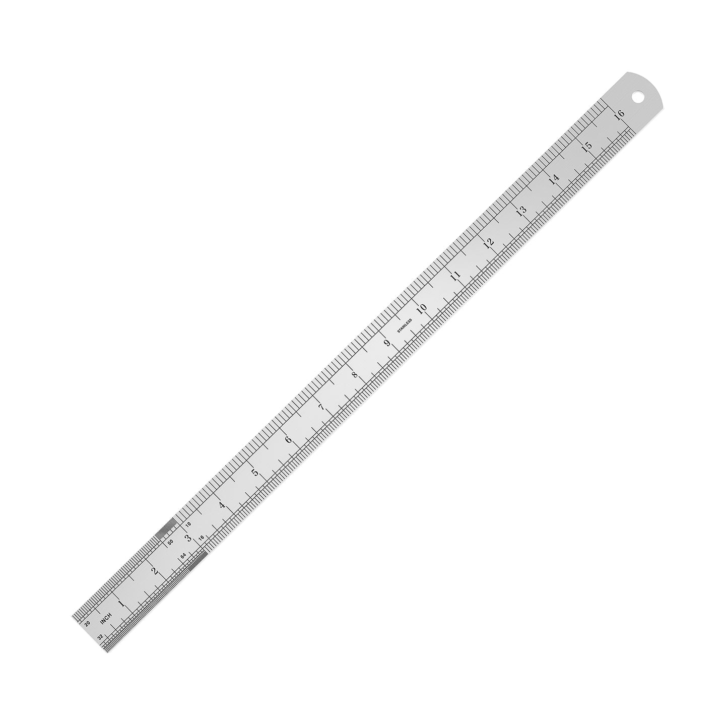 Metal ruler with measurements on a white background