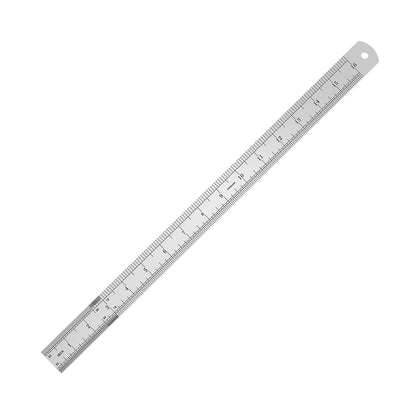 Metal ruler with measurements on a white background